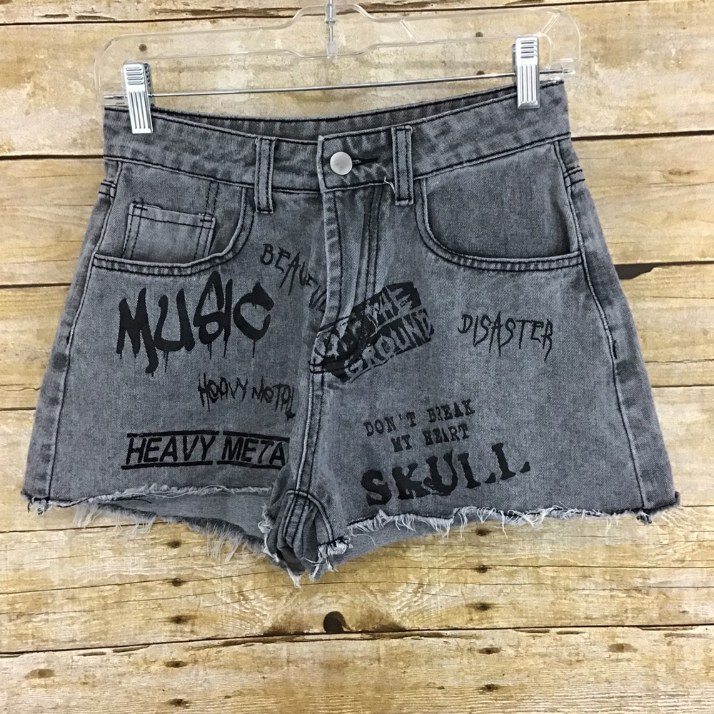 Romwe Womens Grey Graphic Print Denim Shorts Heavy Metal Punk Grunge Size S 4